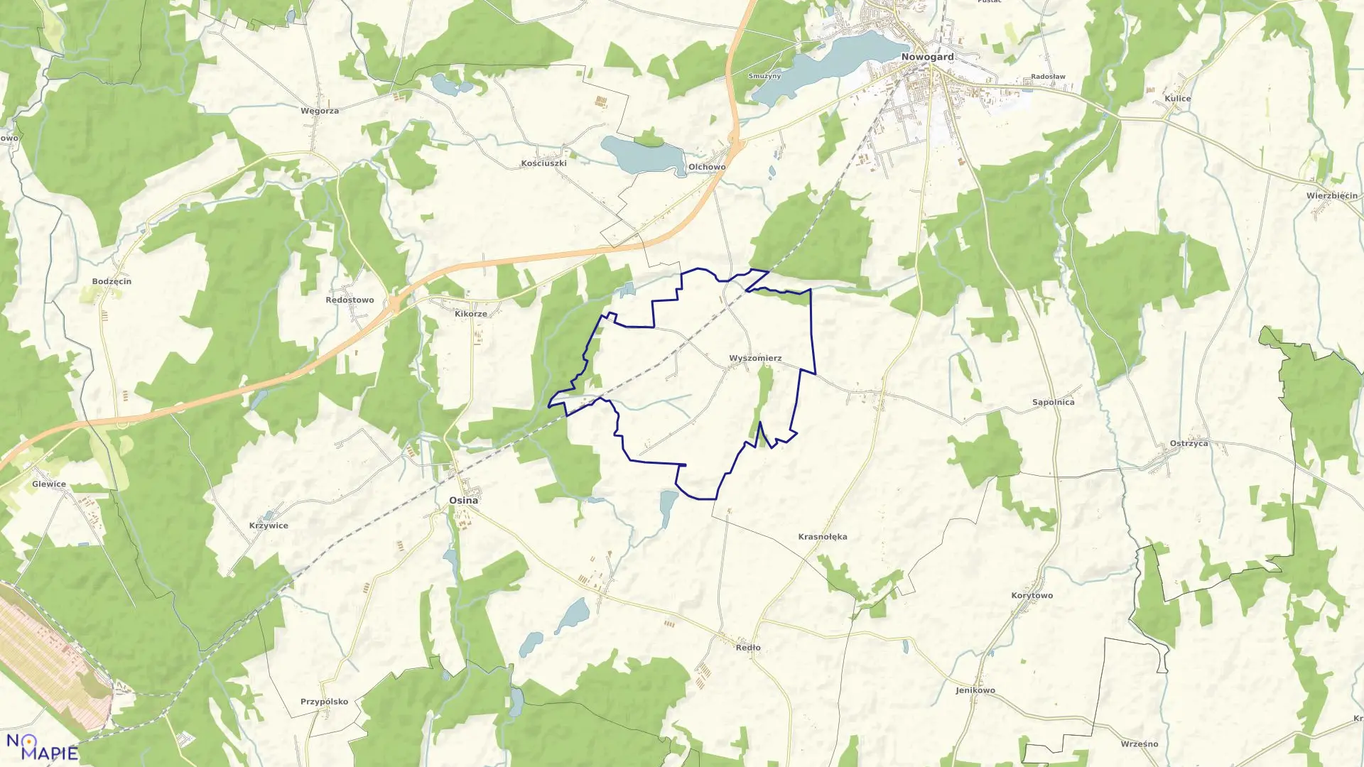 Mapa obrębu Wyszomierz w gminie Nowogard